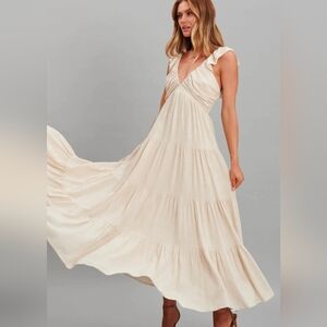 Free The Roses Sweetheart Neck Beige 100% Cotton Gauze Tiered Maxi Dress, Med